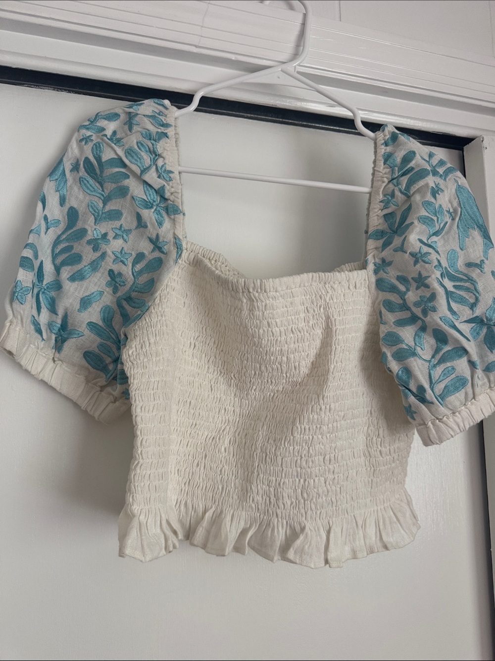 White Smocked Crop Top with Light Blue Embroidered Puff Sleeves